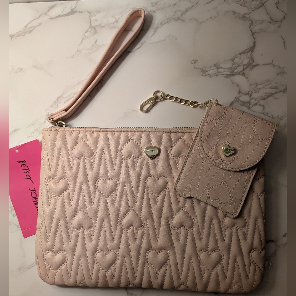 Betsey Johnson Pale Pink Heart Wristlet with Matching Doggie Bags Pouch